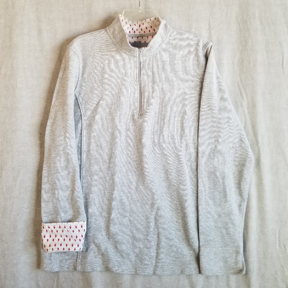 Orvis Sweater 2XL Women Gray Pullover 1/2 Zip Floral Contrast‎ Collar Cuff